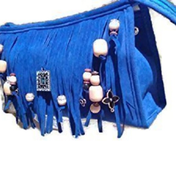 Fringed CROSSBODY BLUE Purse Clutch w Chain Charm Enamel Flower Charm - Picture 12 of 13